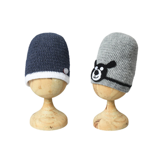 Pack of 2 Unisex Grey & Navy Soft Woolen Beanie Winter Warm Cap for Kids