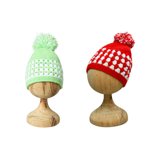 Pack of 2 Green, Red Beanie Winter Warm Pom Pom Cap for Kids