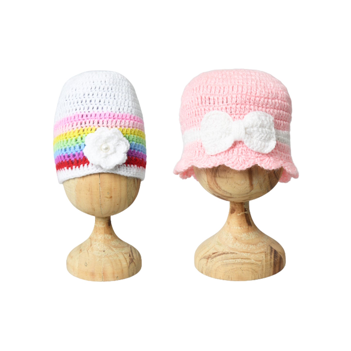 Pack of 2 White, Pink Handmade Soft Woolen Beanie Winter Warm Cap for Girls