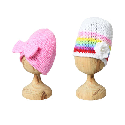 Pack of 2 Pink & White Woolen Cap for Girls