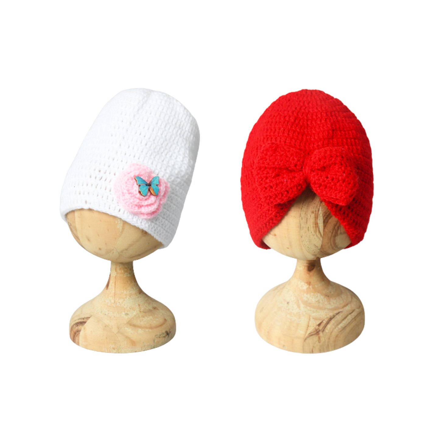 Pack of 2 White & Red Woolen Beanie Winter Warm Cap for Girls
