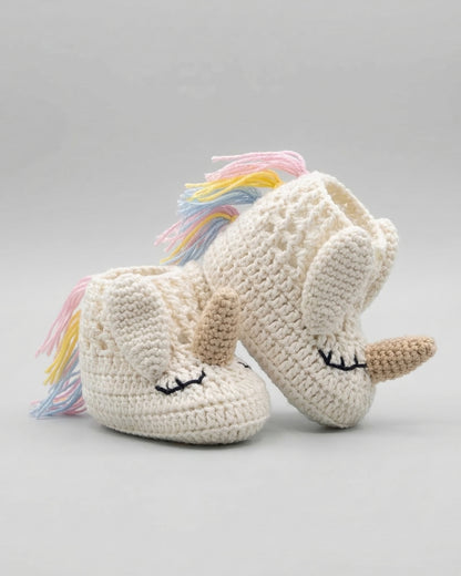 Off White Unicorn Design Handmade Organic Cotton Booties for Kids