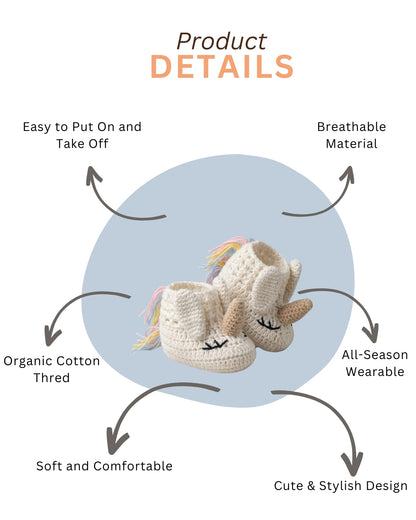 Off White Unicorn Design Handmade Organic Cotton Booties for Kids