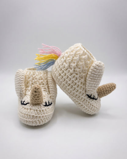 Off White Unicorn Design Handmade Organic Cotton Booties for Kids
