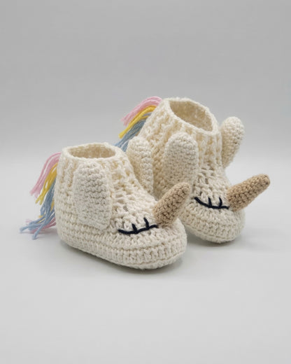 Off White Unicorn Design Handmade Organic Cotton Booties for Kids