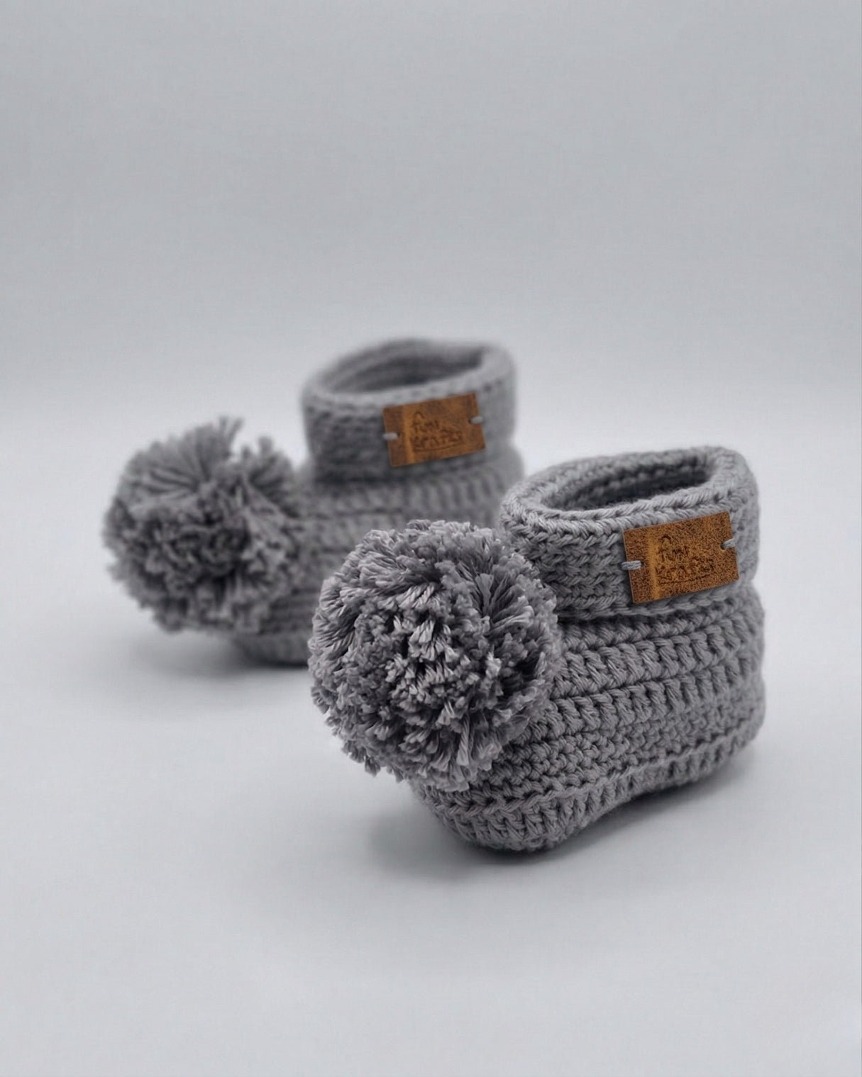 Grey Pom Pom Design Handmade Organic Cotton Booties for Kids