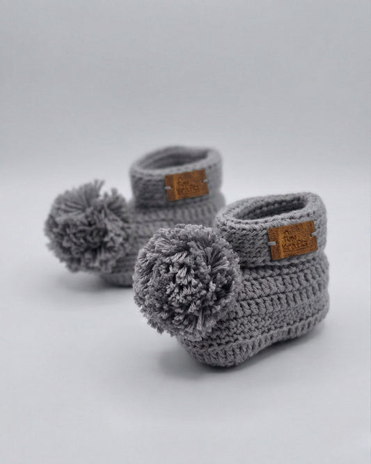 Grey Pom Pom Design Handmade Organic Cotton Booties for Kids