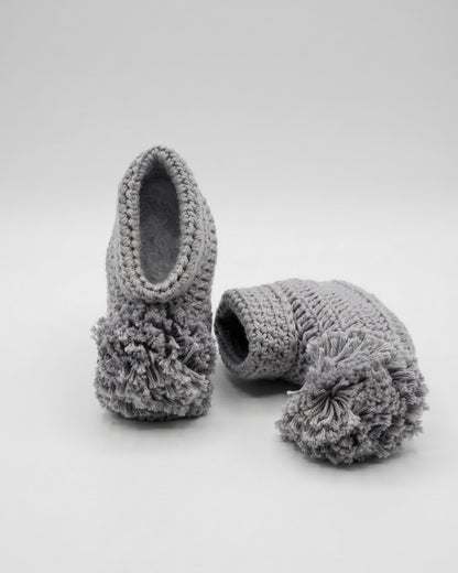 Grey Pom Pom Design Handmade Organic Cotton Booties for Kids