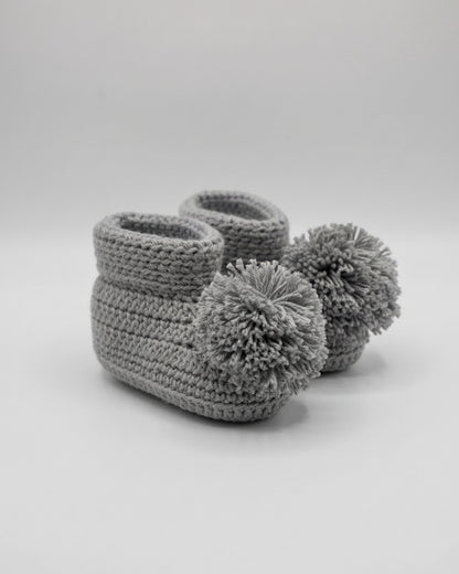 Grey Pom Pom Design Handmade Organic Cotton Booties for Kids