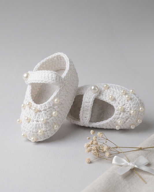 White Handmade Organic Cotton Booties with Pearls for Girls