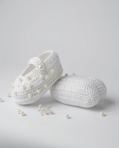 White Handmade Organic Cotton Booties with Pearls for Girls