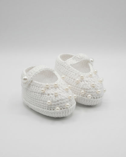 White Handmade Organic Cotton Booties with Pearls for Girls