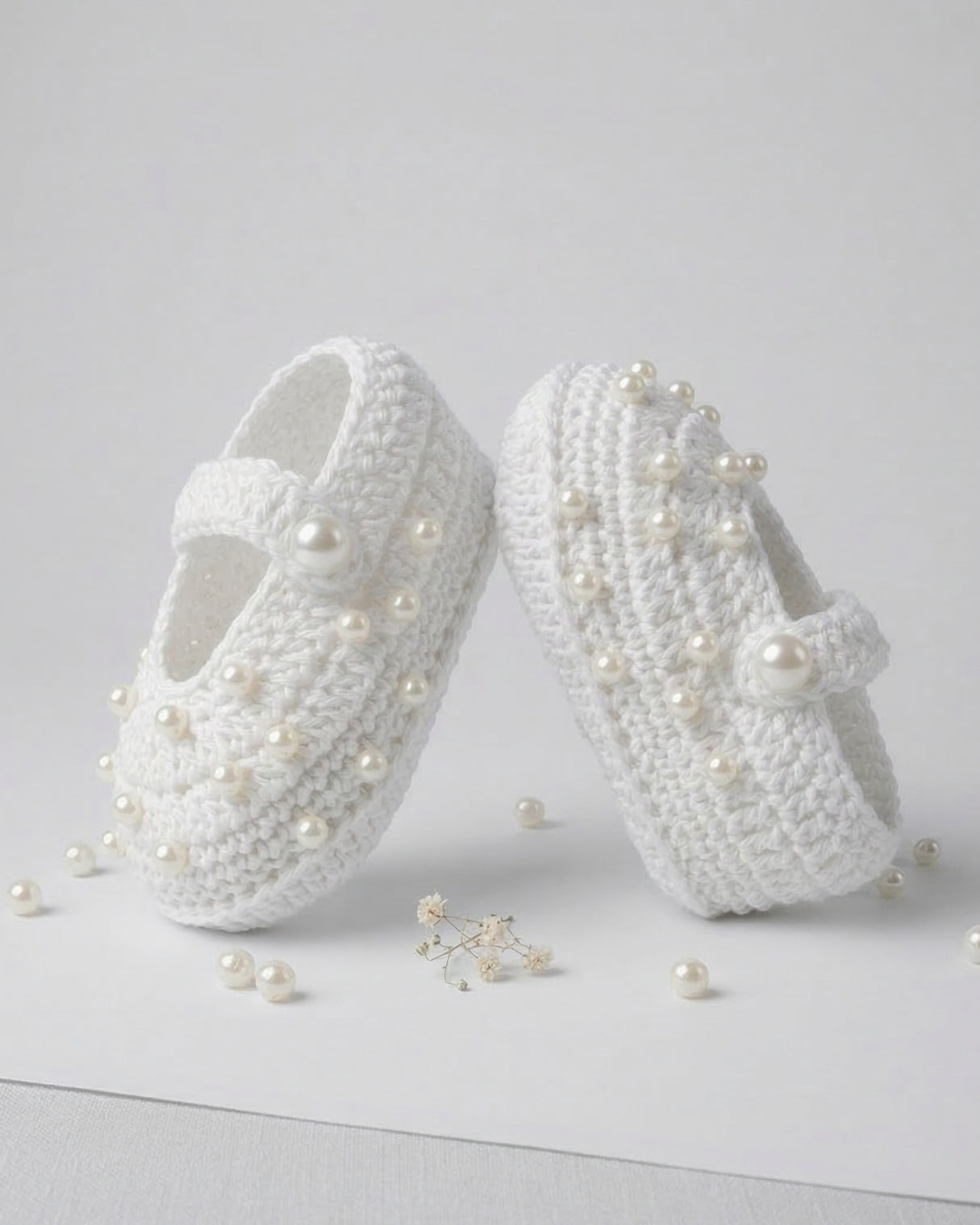 White Handmade Organic Cotton Booties with Pearls for Girls