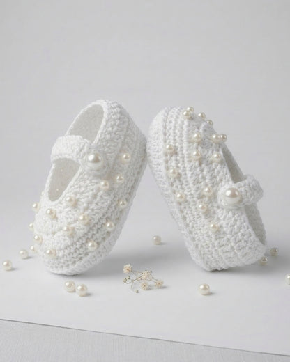 White Handmade Organic Cotton Booties with Pearls for Girls