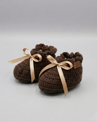 Dark Brown Bow Design Handmade Organic Cotton Booties for Girls