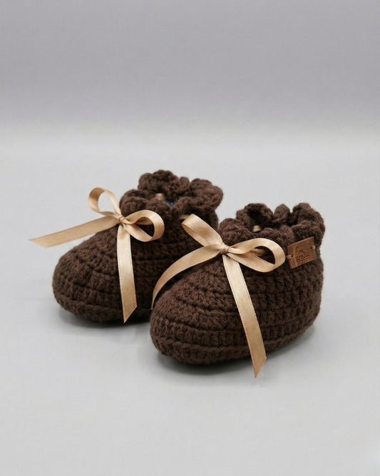 Dark Brown Bow Design Handmade Organic Cotton Booties for Girls