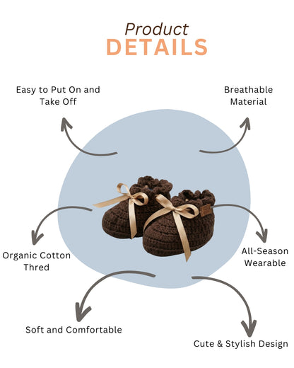 Dark Brown Bow Design Handmade Organic Cotton Booties for Girls