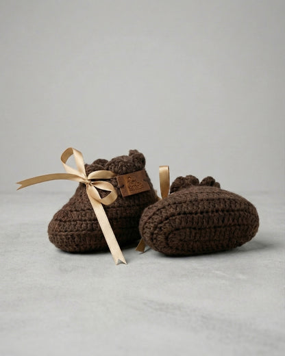 Dark Brown Bow Design Handmade Organic Cotton Booties for Girls