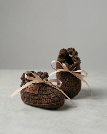 Dark Brown Bow Design Handmade Organic Cotton Booties for Girls