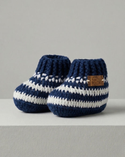 Navy Blue Stripes Handmade Organic Cotton Booties Shoes for Kids