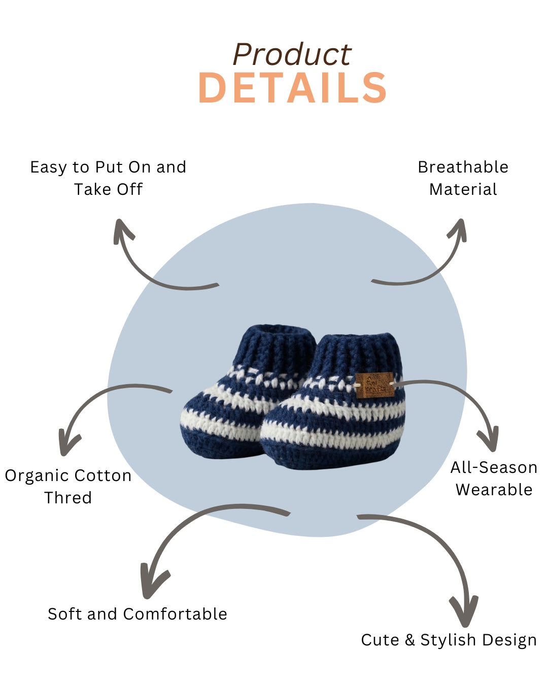 Navy Blue Stripes Handmade Organic Cotton Booties Shoes for Kids
