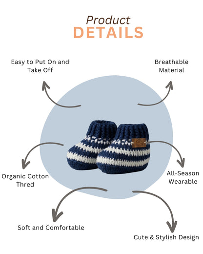 Navy Blue Stripes Handmade Organic Cotton Booties Shoes for Kids