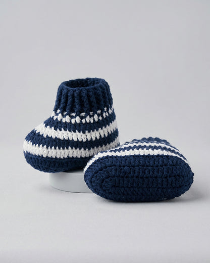 Navy Blue Stripes Handmade Organic Cotton Booties Shoes for Kids