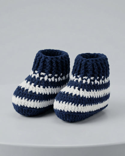 Navy Blue Stripes Handmade Organic Cotton Booties Shoes for Kids