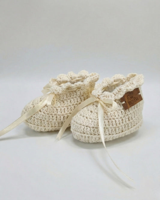 Off White Bow Design Handmade Organic Cotton Booties for Girls