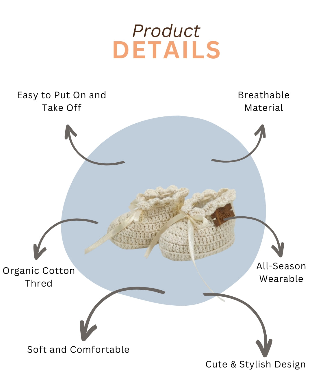 Off White Bow Design Handmade Organic Cotton Booties for Girls