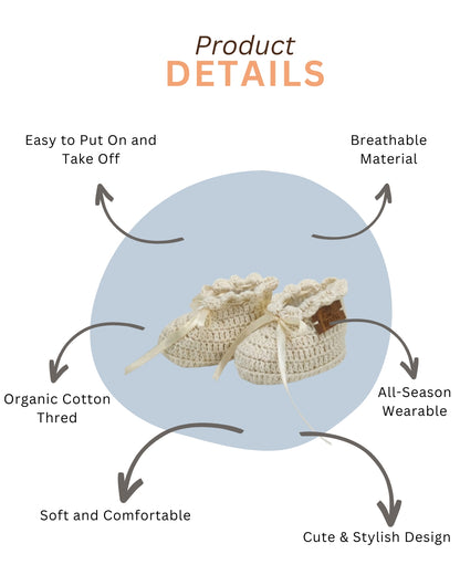 Off White Bow Design Handmade Organic Cotton Booties for Girls