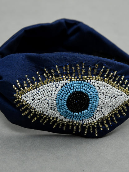 Navy Blue Free Size Evil Eye Beaded Embroidered Hair Band