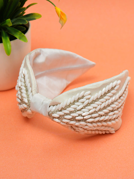 White Free Size Beaded Embroidered Hair Band