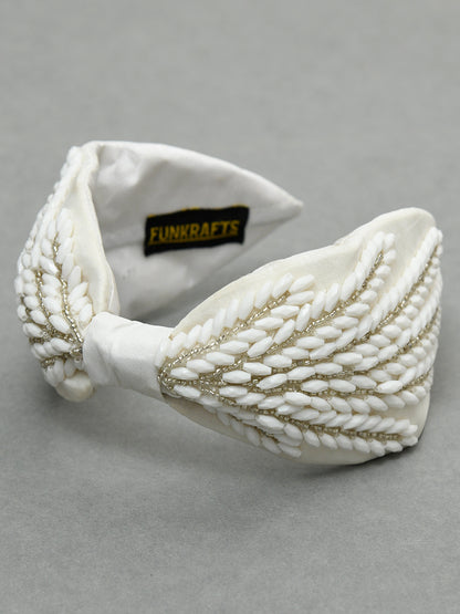White Free Size Beaded Embroidered Hair Band