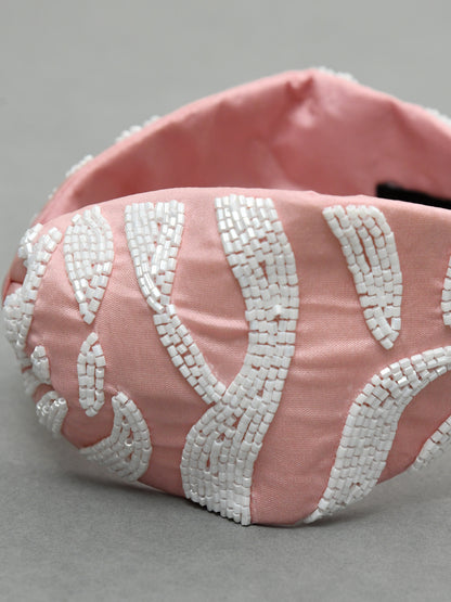 Pink & White Free Size Beaded Embroidered Hair Band