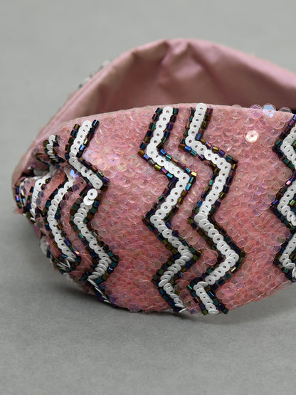 Pink & Grey Free Size Beaded Embroidered Hair Band