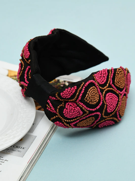 Pink Free Size Beaded Embroidered Hair Band