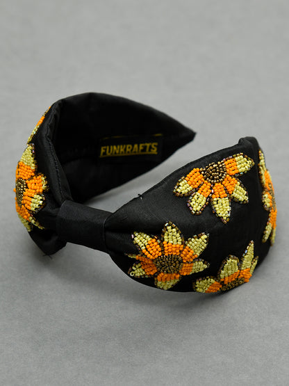 Yellow Free Size Beaded Embroidered Hair Band