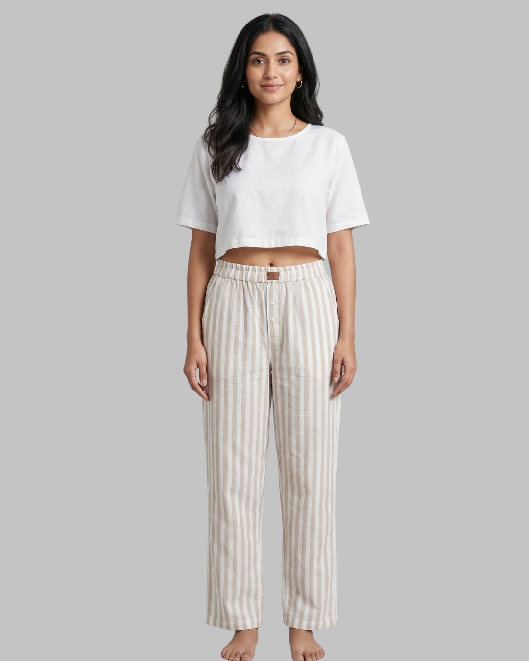 Beige Super Comfy Cotton Poplin Relax Fit Lounge Pant for Women