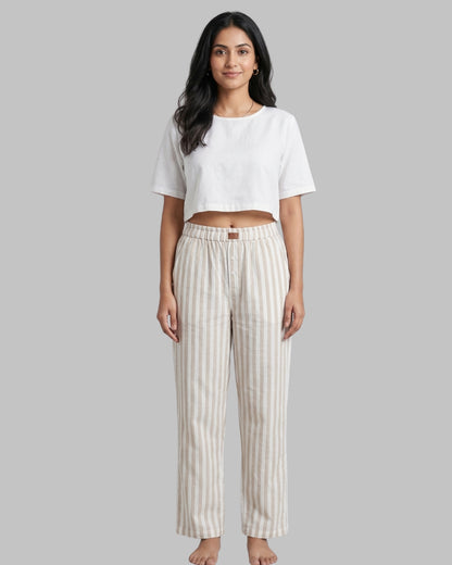 Beige Super Comfy Cotton Poplin Relax Fit Lounge Pant for Women