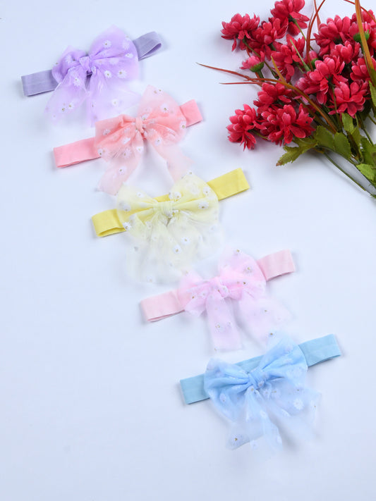 Pack Of 5 Trendy Bow Headbands - Mauve, Pink, Yellow, Blue