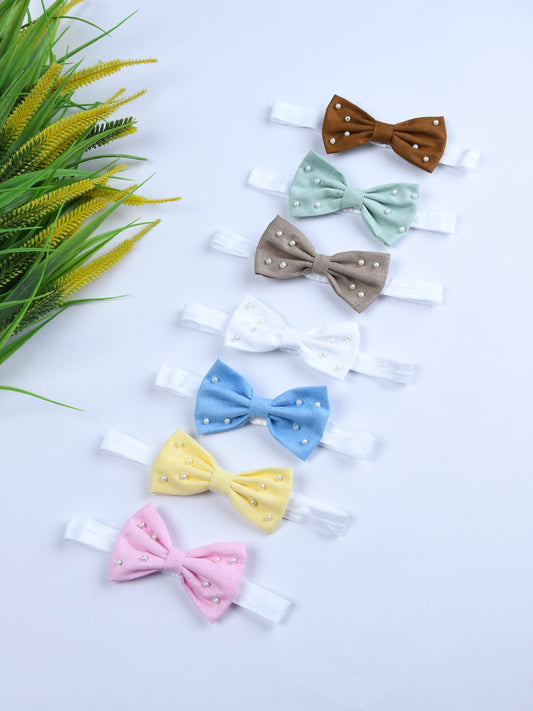 Pack Of 7 Lenin Solid Bow Headbands - Pink, Yellow, Blue, White, Beige, Green, Brown