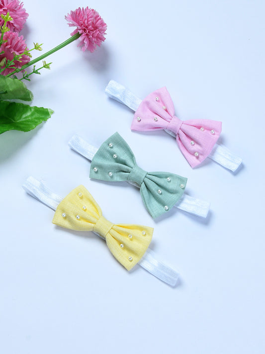 Pack Of 3 Lenin Solid Bow Headbands - Pink, Green, Yellow