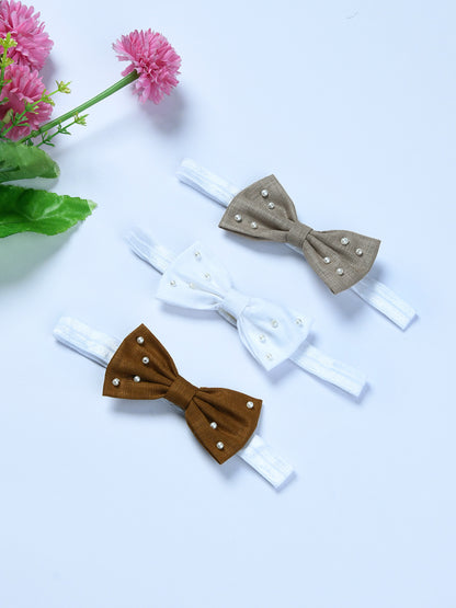 Pack Of 3 Lenin Solid Bow Headbands - Brown, White, Beige