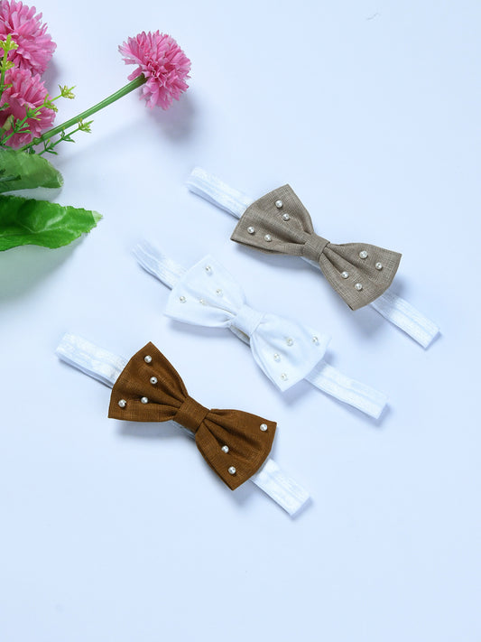Pack Of 3 Lenin Solid Bow Headbands - Brown, White, Beige