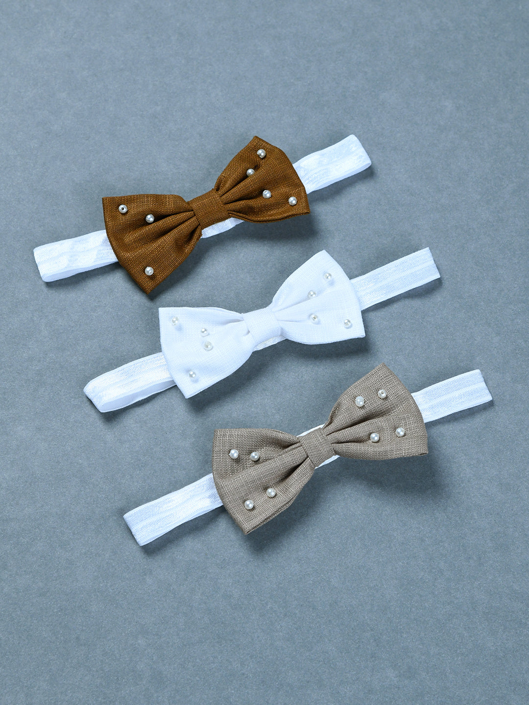 Pack Of 3 Lenin Solid Bow Headbands - Brown, White, Beige