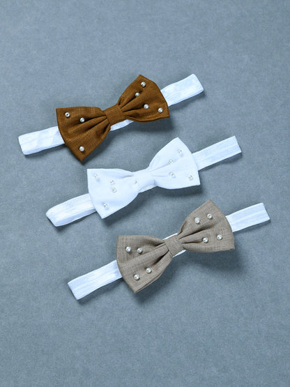 Pack Of 3 Lenin Solid Bow Headbands - Brown, White, Beige