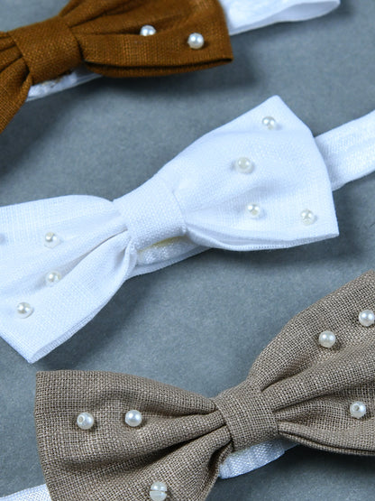 Pack Of 3 Lenin Solid Bow Headbands - Brown, White, Beige