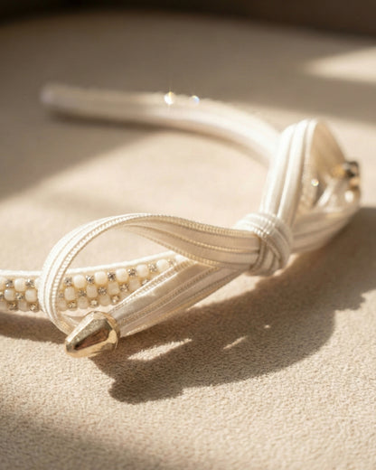 Girls White Infinity Knot Hairband with Silver Crystal Embellishments