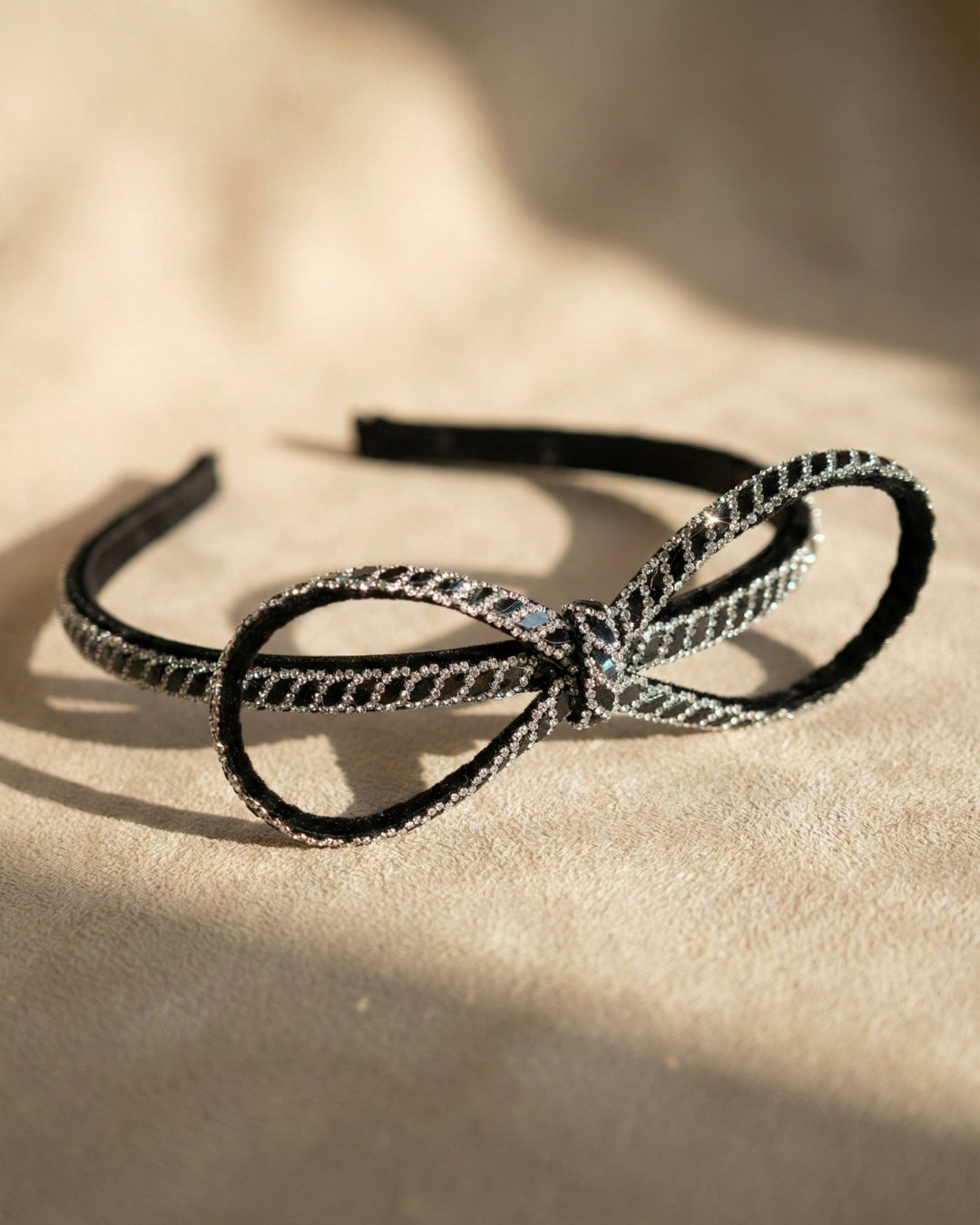 Chic Black Rhinestone Studded Bow Headband
